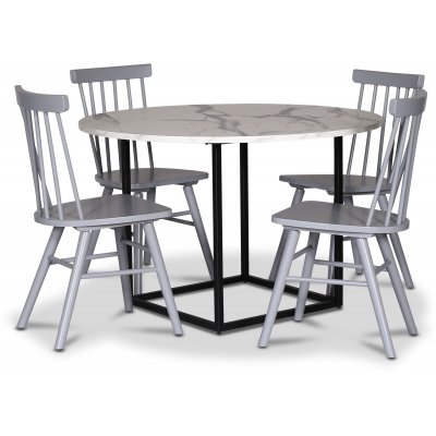 Sintorp spisegruppe, rundt spisebord Ø115 cm inkludert 4 stk. grå Orust pinnestoler - Hvit marmor (Laminat) + Flekkfjerner for møbler