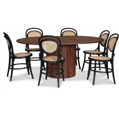 Nova spisegruppe, uttrekkbart spisebord 130-170 cm inkl. 6 stk. svarte Alicia stoler i byd tre - Valntt + Flekkfjerner for mbler