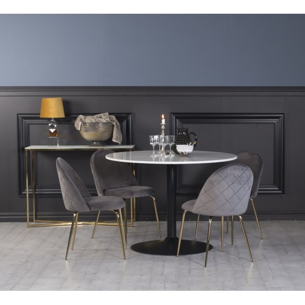 Plaza spisegruppe, marmorbord med 4 st Plaza flyelstoler - Gr/Messing/Svart