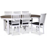 Skagen spisegruppe; spisebord 160/210x90 cm - Hvit / brunoljet eik med 6 stk Fårö stoler med grått stoffsete Skagen spisegruppe; spisebord 160/210x90 cm - Hvit / brunoljet eik med 6 stk Fårö stoler med grått stoffsete