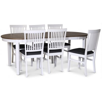 Skagen spisegruppe; spisebord 160/210x90 cm - Hvit / brunoljet eik med 6 stk Fårö stoler med grått stoffsete