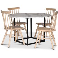 Sintorp spisegruppe, rundt spisebord Ø115 cm inkludert 4 stk. hvitoljede Orust pinnestoler - Hvit marmor (Laminat) Sintorp spisegruppe, rundt spisebord Ø115 cm inkludert 4 stk. hvitoljede Orust pinnestoler - Hvit marmor (Laminat)