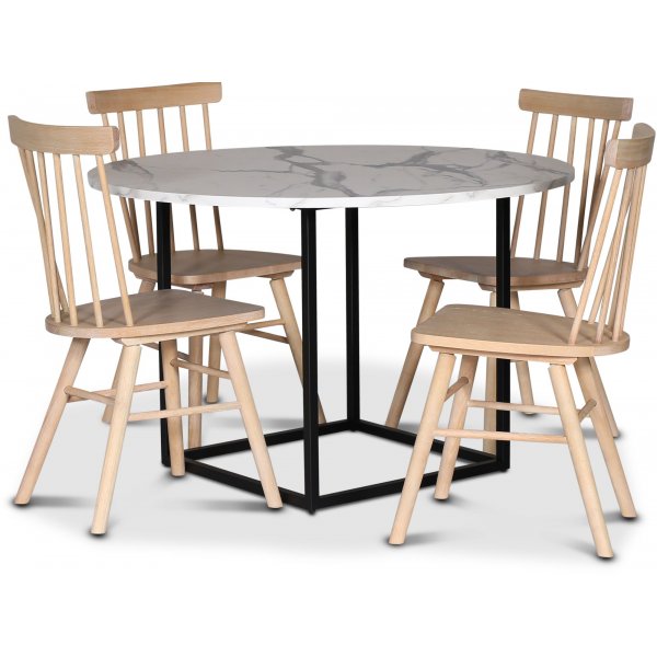 Sintorp spisegruppe, rundt spisebord 115 cm inkludert 4 stk. hvitoljede Orust pinnestoler - Hvit marmor (Laminat)