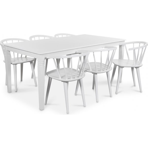 Spisegruppe Mellby bord med 6 stk hvite Fredrik Pinnstolar med ramme