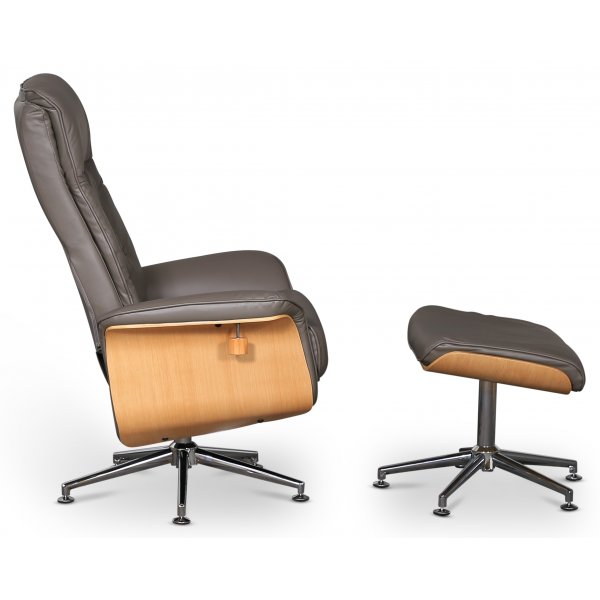 Ulla lenestol med fotskammel - Grått skinn / Eik / Krom Ulla lenestol med fotskammel - Grått skinn / Eik / Krom