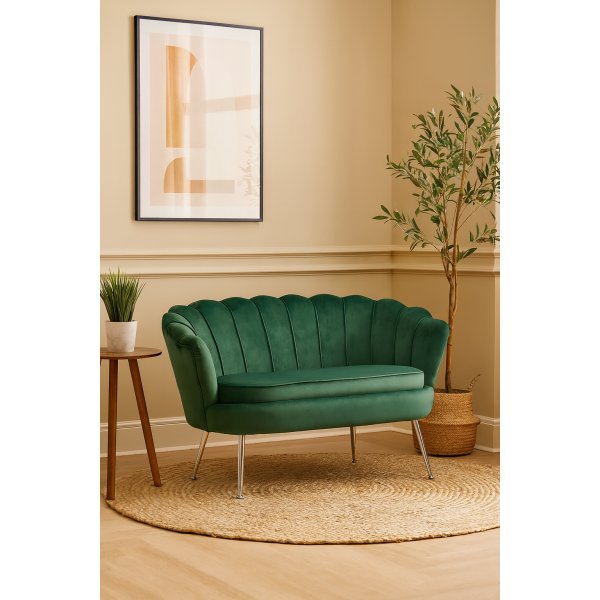 Musslan 2-seters sofa - Grønn / krom + Møbelføtter Musslan 2-seters sofa - Grønn / krom + Møbelføtter