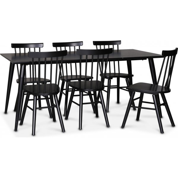 Dipp spisegruppe; spisebord, 180x90 cm med 6 svarte Orust pinnestoler