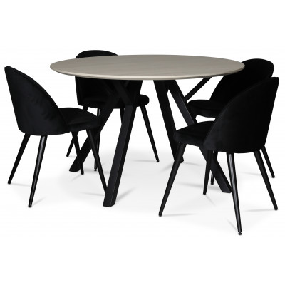 Ankara spisegruppe; rundt spisebord + 4 svarte Alice-stoler