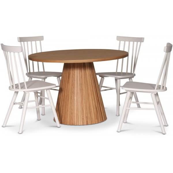 Cleo spisegruppe, rundt bord 110 cm, inkludert 4 stk. hvite Orust pinnestoler - Oljet eikefiner