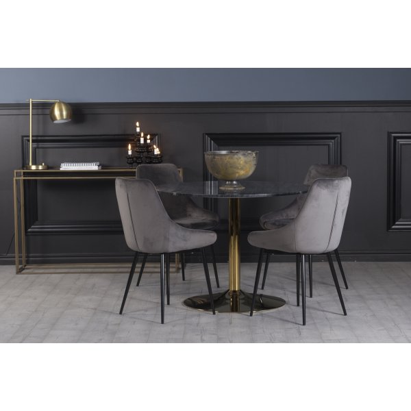 Plaza spisegruppe, marmorbord med 4 st Theo flyelstoler - Gr/Svart/Messing