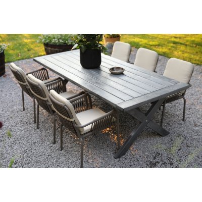 Oxford utendørs spisegruppe: grått bord 220 cm, inkludert 6 stk. Lincoln stablebare karmstoler grå/beige