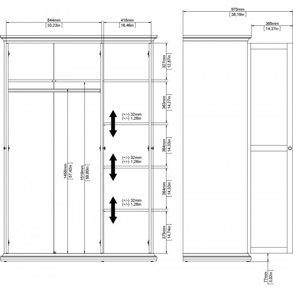 Paris garderobe med 3 drer - Hvit