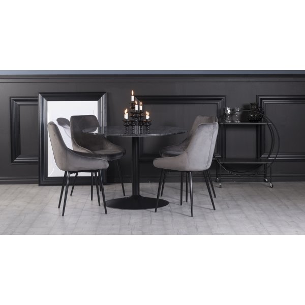 Plaza spisegruppe, marmorbord med 4 st Theo flyelstoler - Gr/Svart