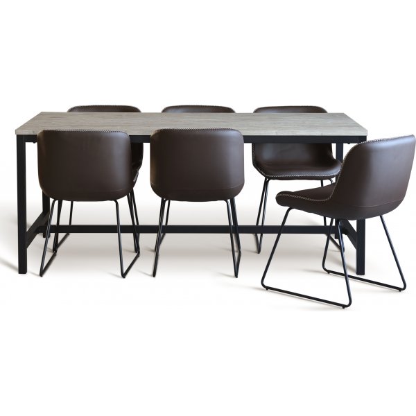 Texas spisegruppe med 6 Texas spisestoler Brun PU + Texas spisebord hvitkalket 180x90 cm
