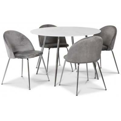 Art spisegruppe, 110 cm rundt bord + 4 st grå Art stoler