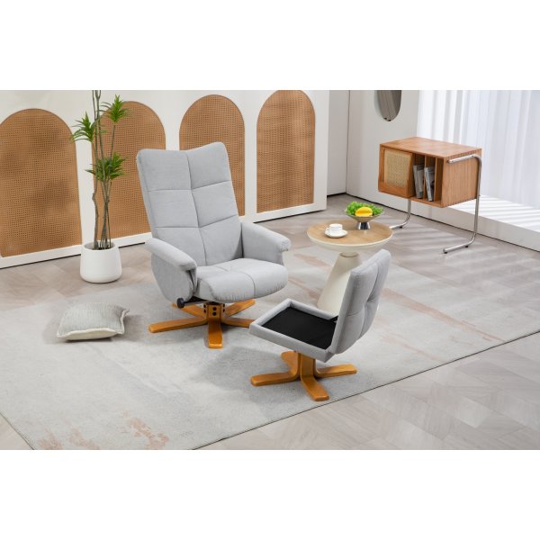 Duva justerbar lenestol inkl. fotskammel med oppbevaring - Grå stoff med treben Duva justerbar lenestol inkl. fotskammel med oppbevaring - Grå stoff med treben