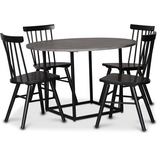Sintorp spisegruppe, rundt spisebord 115 cm inkludert 4 stk. svarte Orust pinnestoler - betong (laminat)