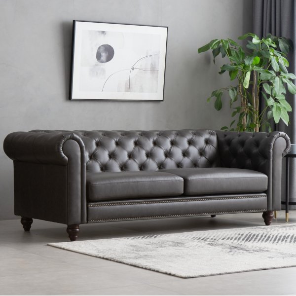 Chesterfield Royal 3-seters sofa - Svart vintage (PU skinn) + Tekstilrens for mbler