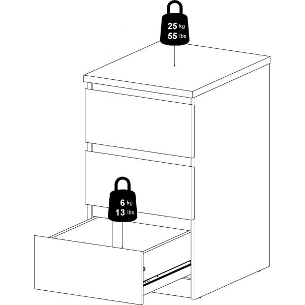 Smal kommode med 3 skuffer, 70 cm hy og 40,5 cm bred