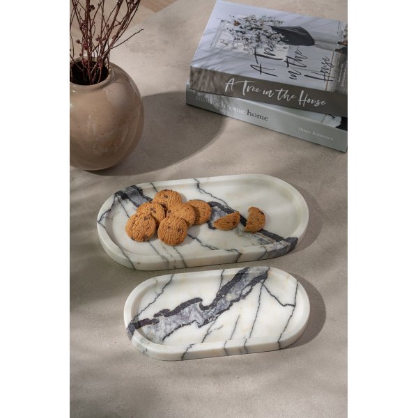 Dekorativt fat i hvit marmor fra Sicilia 2 deler - 25/30 x 12/15 x 2 cm Dekorativt fat i hvit marmor fra Sicilia 2 deler - 25/30 x 12/15 x 2 cm