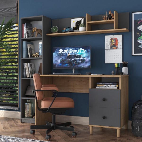 Hanna skrivebord med hyllesystem 15, 120 x 50 cm - Valnøtt/antrasitt Hanna skrivebord med hyllesystem 15, 120 x 50 cm - Valnøtt/antrasitt