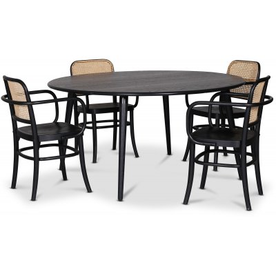 Omni spisegruppe, rundt spisebord Ø130 cm inkludert 4 stk. svarte Nemis karmstoler - Svartbeiset eik