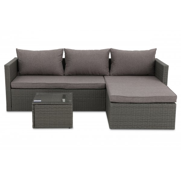 Miami utegruppe sofa med bord - Grå kunstrotting + Møbelføtter Miami utegruppe sofa med bord - Grå kunstrotting + Møbelføtter