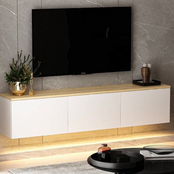 Neon mediabenk med LED-belysning - Hvit/eik