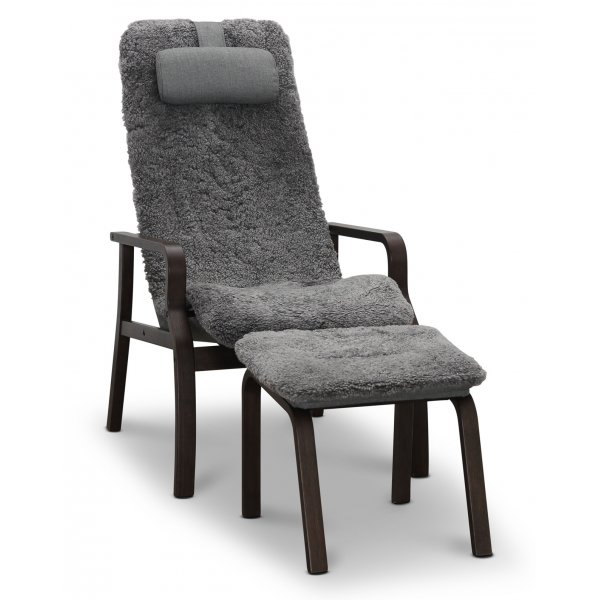 Lenestol med fotskammel i ekte saueskinn, røykfarget eik/grått - Frank + Tekstilpleie for møbler Lenestol med fotskammel i ekte saueskinn, røykfarget eik/grått - Frank + Tekstilpleie for møbler