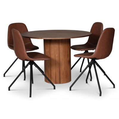 Cobe spisegruppe; rundt spisebord + 4 stk Bridge snubare spisestoler, brun vintage