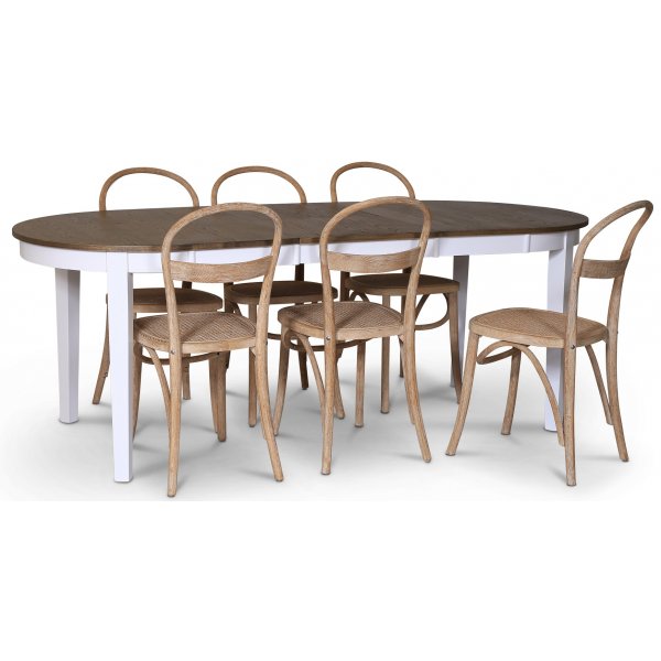 Skagen spisegruppe; spisebord 160/210x90 cm - Hvit / brunoljet eik med 6 stk Danderyd No.16 stoler whitewash