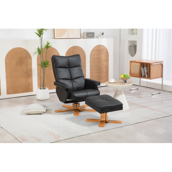 Duva hvilestol med fotskammel i sort PU med brune ben