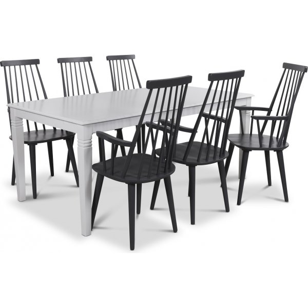 Mellby spisegruppe 180 cm bord med 6 sorte Dalsland Cane stoler med armlener