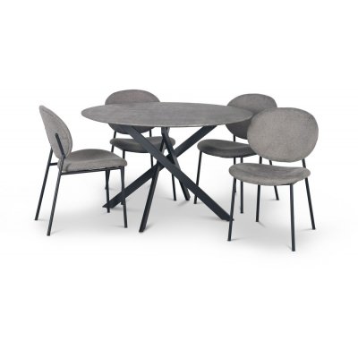 Hogrän spisegruppe Ø120 cm bord i betongimitasjon + 4 stk Tofta grå stoler
