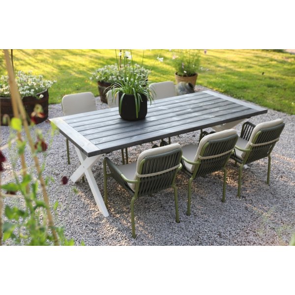 Oxford utendrs spisegruppe: grtt/hvitt bord 220 cm, inkludert 6 stk. Lincoln stablebare karmstoler grnn/beige
