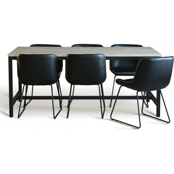 Texas spisegruppe med 6 Texas spisestoler Sort PU + Texas spisebord hvitkalket 180x90 cm