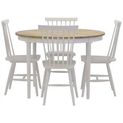 Spisegruppe: Läckö spisebord, rundt - hvit / oljet eik + 4 Karl-Oskar stokkstoler - hvit