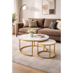 Ruffo salongbord �38/60 cm - Hvit marmor/gull + M�belf�tter