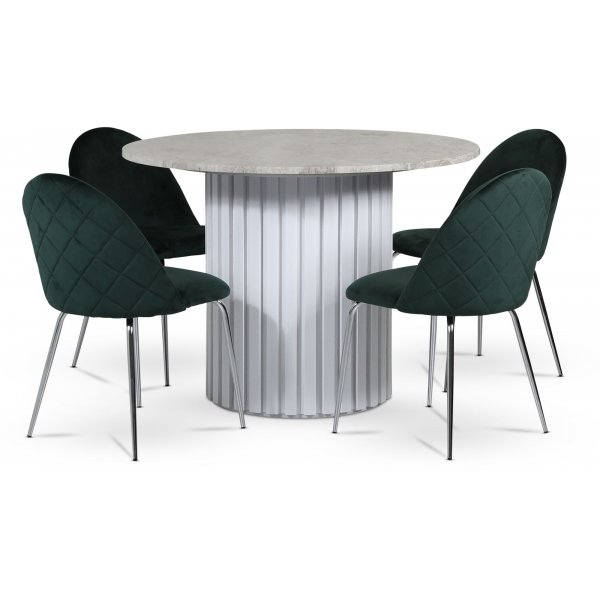 Empire spisegruppe 105 cm inkl. 4 stk. Plaza grnne flyelsstoler - Slv Diana marmor / Hvit lamell trefot