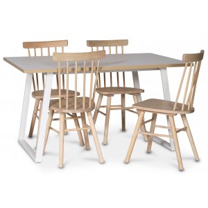 Edge spisegruppe; Spisebord i hvit HPL 140x90 cm med 4 Orust stokkstoler i hvitvask