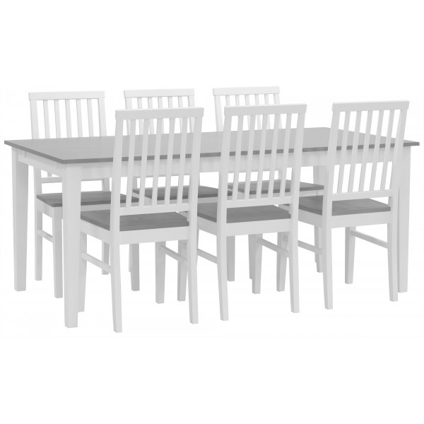 Spisegruppe: Fr spisebord 180x90 cm med 6 Fr stoler - hvit/gr