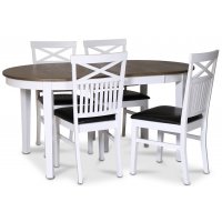 Skagen spisegruppe; spisebord 160/210x90 cm - Hvit / brunoljet eik med 4 stk Fårö stoler med kryss, PU-sete Skagen spisegruppe; spisebord 160/210x90 cm - Hvit / brunoljet eik med 4 stk Fårö stoler med kryss, PU-sete