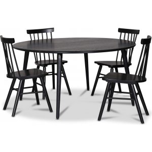 Omni spisegruppe, rundt spisebord Ø130 cm inkludert 4 stk. svarte Orust pinnestoler - Svartbeiset eik + 4.00 x Serviettringer Omni spisegruppe, rundt spisebord Ø130 cm inkludert 4 stk. svarte Orust pinnestoler - Svartbeiset eik + 4.00 x Serviettringer