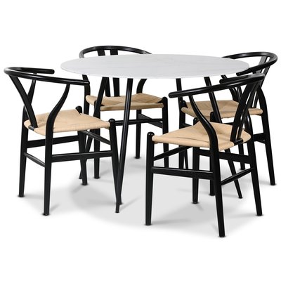 Sunda spisegruppe, 110 cm rundt bord + 4 stk Sunda stoler svarte / Flettet sete