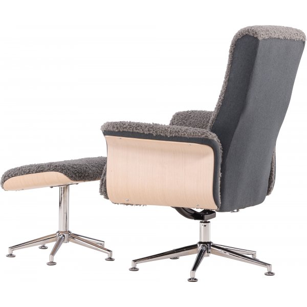 Lenestol med fotskammel - Grå saueskinnsimitasjon/hvitkalket eik Lenestol med fotskammel - Grå saueskinnsimitasjon/hvitkalket eik