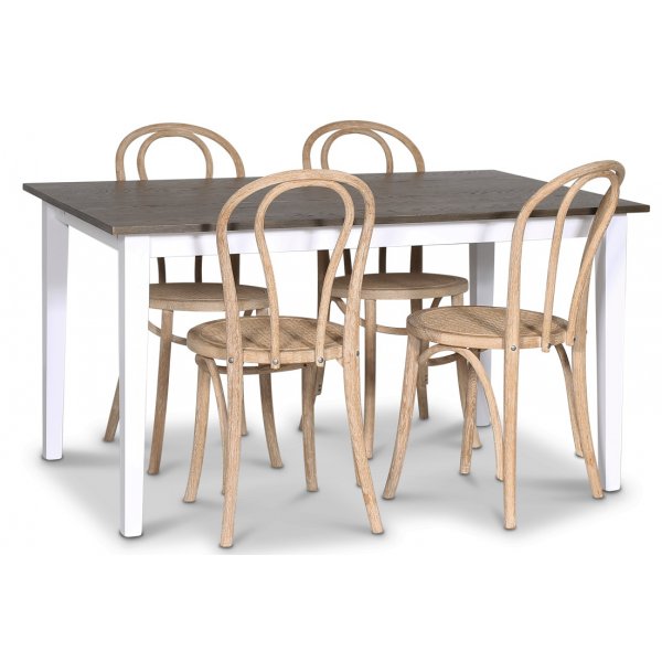 Skagen spisegruppe; spisebord 140 cm - Hvit / brunbeiset eik med 4 Danderyd No.18 spisestoler whitewash