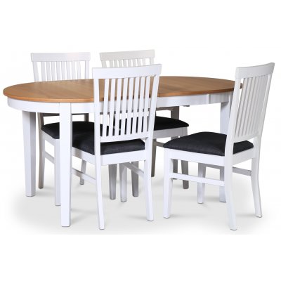 Fårö spisegruppe; spisebord 160/210x90 cm - Hvit / oljet eik med 4 stk Fårö stoler med grått stoffsete