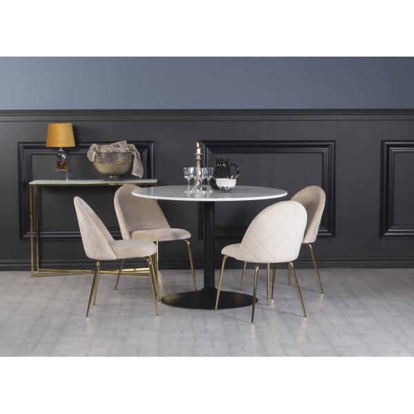 Plaza spisegruppe, marmorbord med 4 st Plaza flyelstoler - Beige/Hvit/Svart