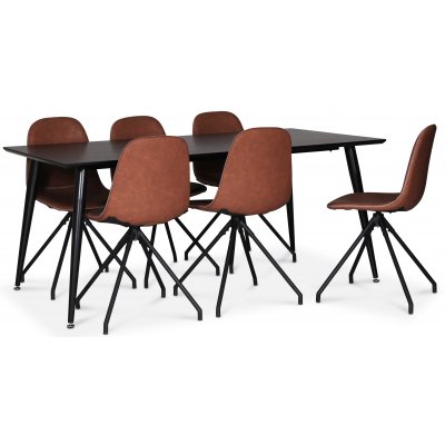 Dipp spisegruppe; spisebord, 180x90 cm med 6 svingbare Bridge spisestoler i konjakkfarget PU