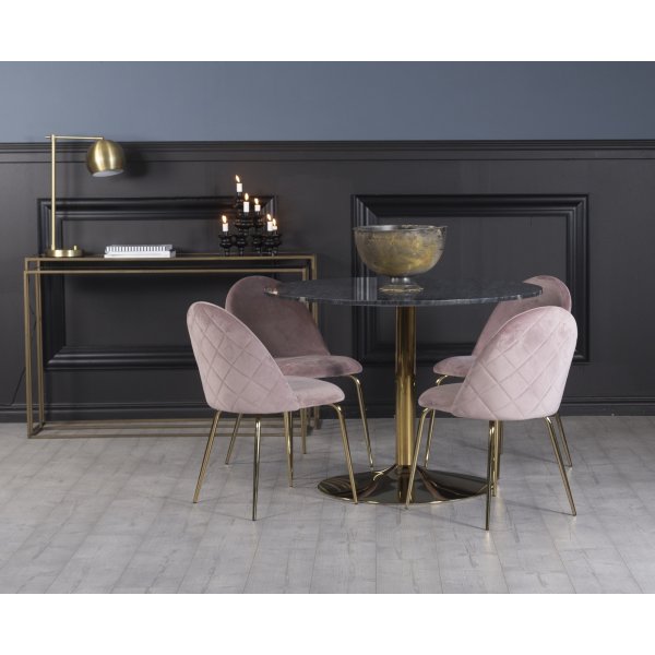Plaza spisegruppe, marmorbord med 4 st Plaza flyelstoler - Rosa/Gr/Messing